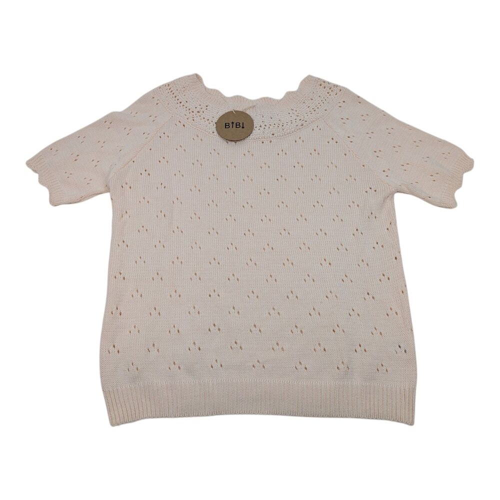 BIBI White Net Crochet Short Sleeve Sweater Top by BIBI Size Small